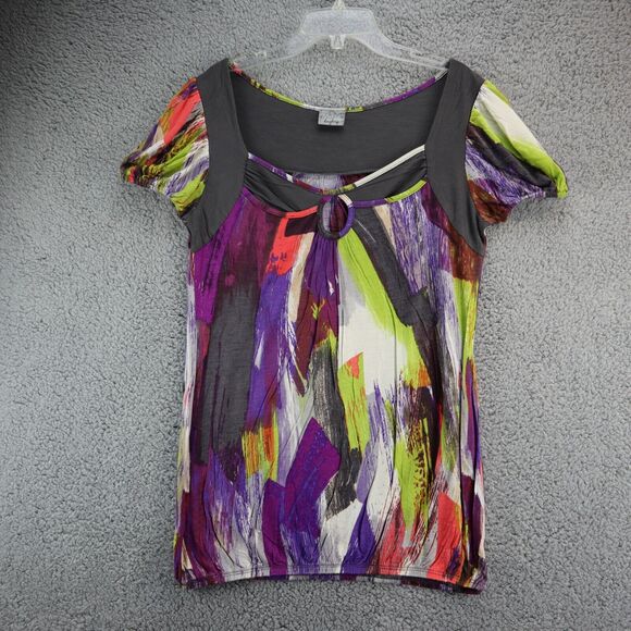 Daytrip Womens Blouse Size Meduim Elastic Hem Colorful Top Keyhole Lightweight - Picture 1 of 7